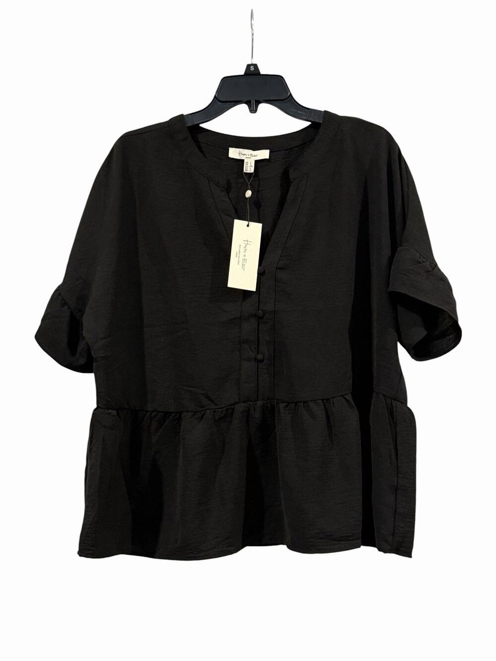 NWT Haver & Blair Black Peplum V-Neck Top Women’s L Babydoll Modest Chic